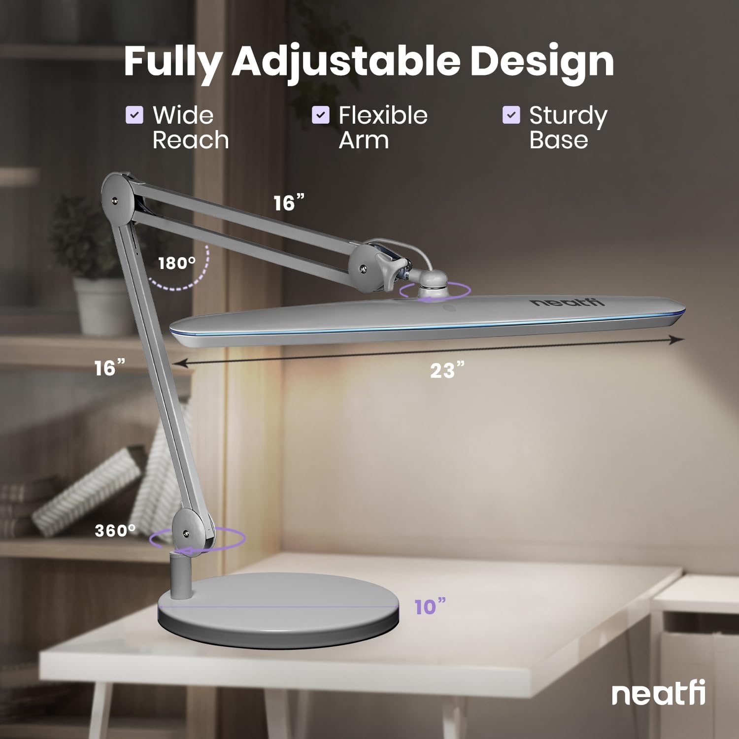 Neatfi XL 24W LED Desk Lamp – 2,200 Lumens | 23' Wide Shade | Dimmable Eye-Caring Task Light | Adjustable Arm | Office, Study, Crafting & Nail Techs (Silver, Non-CCT with Base)
