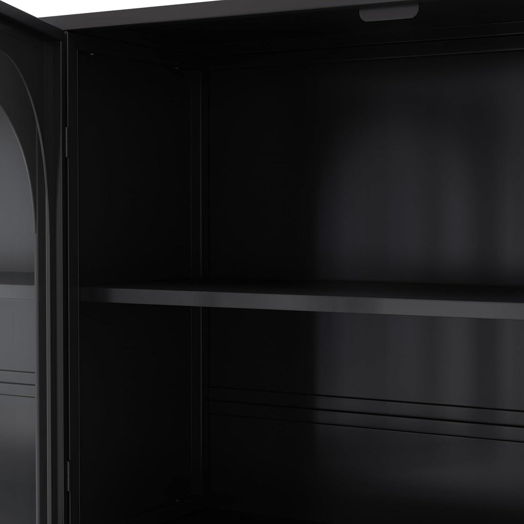 Retro Style Tempering Glass Door Wall Cabinet with Detachable Shelves and Open Shelves，for Office Dining Room,Living Room, Kitchen and Bathroom.Black