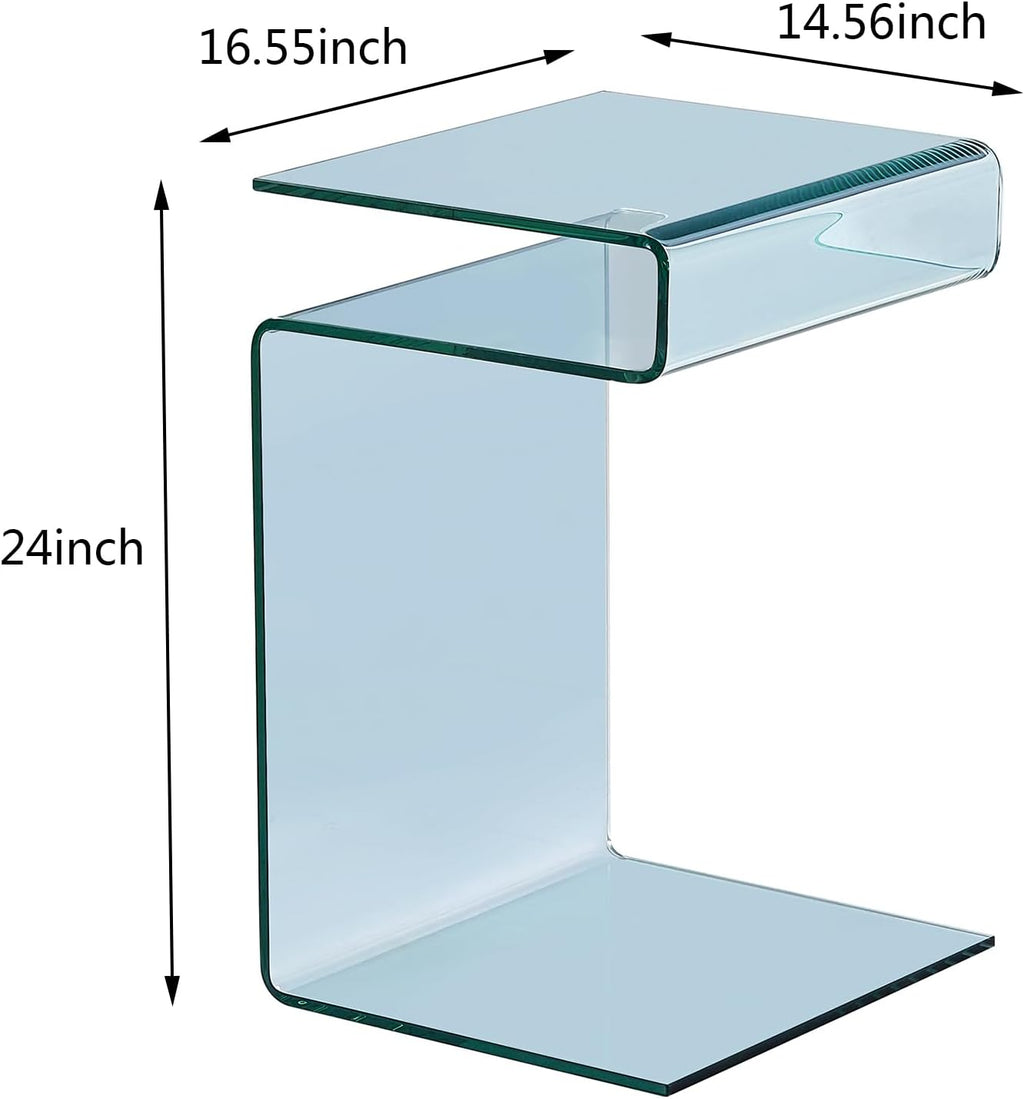 Glass Nightstand End Table, Clear S-Shaped Bedside Side Tables for Living Room, Sofa Bent Glass Table 16.55' D x 14.56' W x 24' H