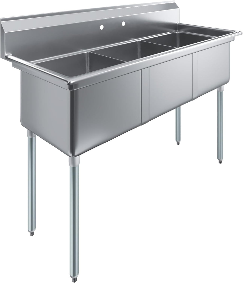 Three Compartment Stainless Steel Commercial Kitchen Prep & Utility Sink | Bowl Size 18' x 18' X 12' | NSF