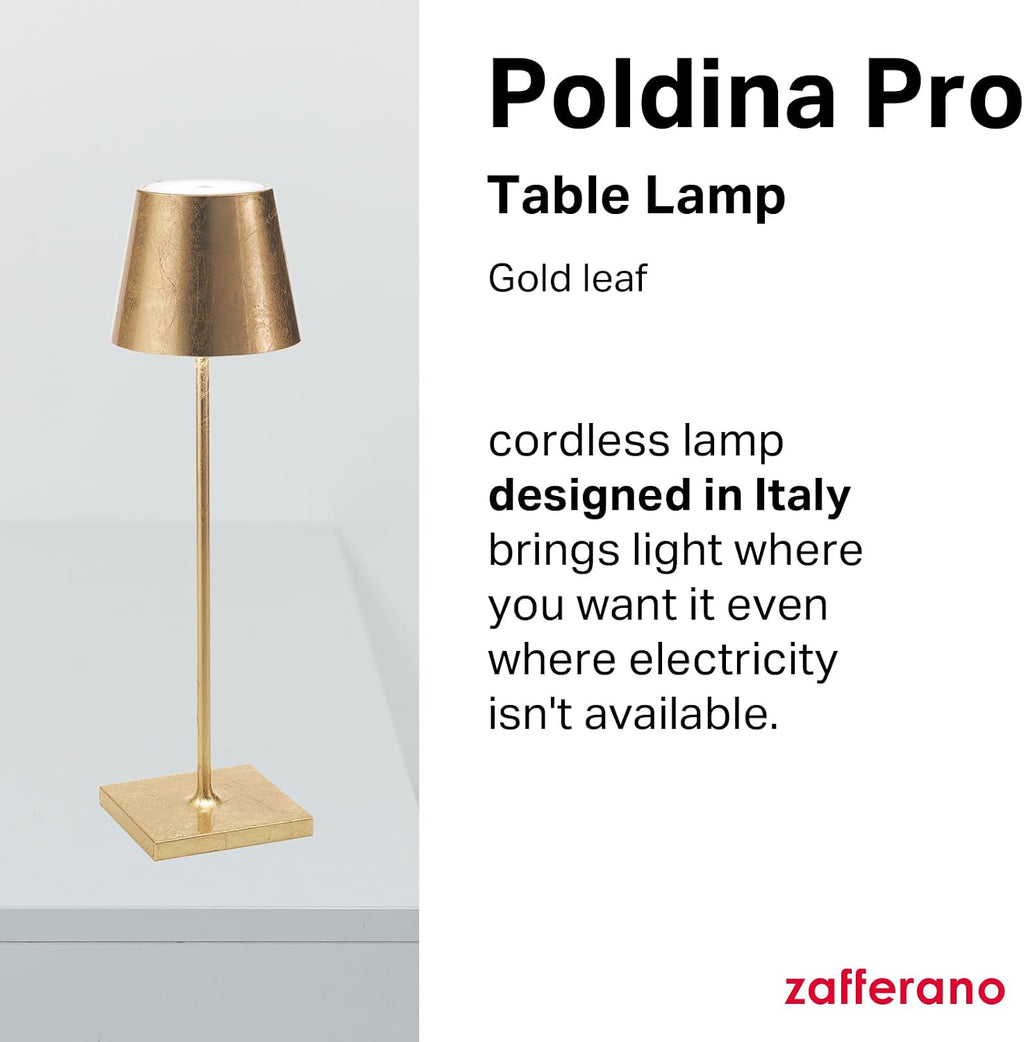Zafferano, Poldina Pro Lamp with Gold Leaf, Rechargeable Cordless Table Lamp with Touch Controls, Usable as an Indoor Lamp, Dimmer, 2200-3000 K, Height 14.9 Inches