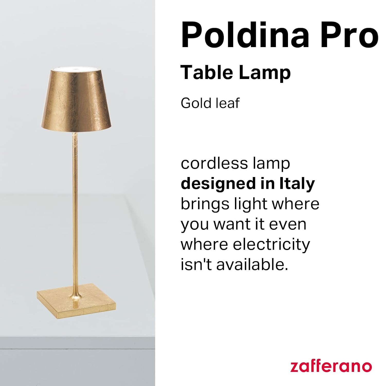 Zafferano, Poldina Pro Lamp with Gold Leaf, Rechargeable Cordless Table Lamp with Touch Controls, Usable as an Indoor Lamp, Dimmer, 2200-3000 K, Height 14.9 Inches