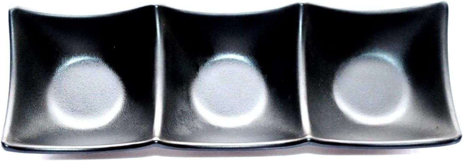 Lucky Star Melamine 3-Compartment Divided Soy Sauce Dishes Wasabi Sushi Sashimi Rectangular Plastic Dipping Plates, 7-7/8' X 2-3/4', Black (80)