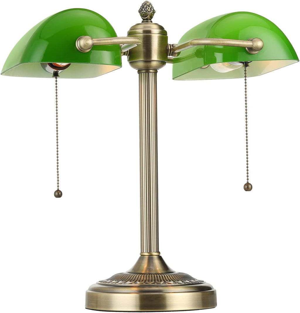 Green Double Head Glass Bankers Desk Lamp with Pull Chain Switch Plug in Fixture for Library, Office, Cafe