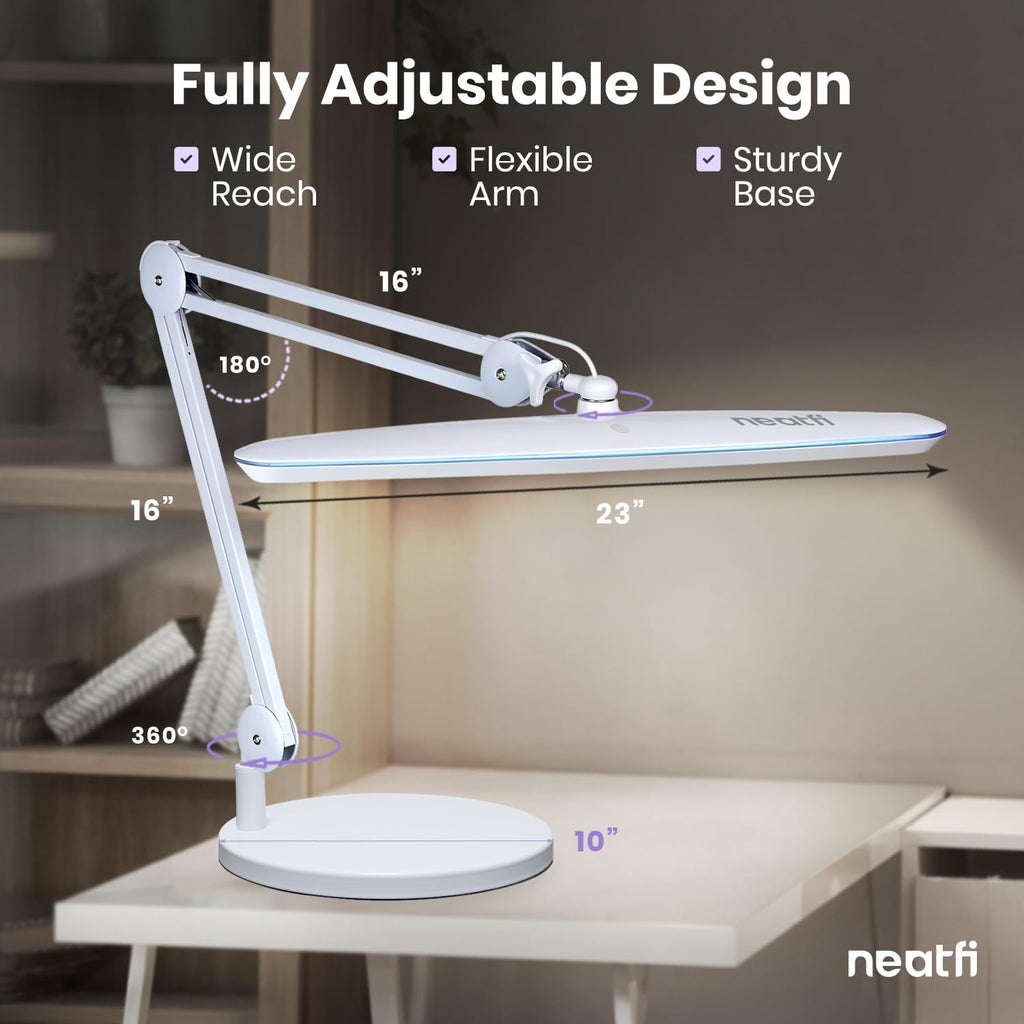 Neatfi XL 24W LED Desk Lamp – 2,200 Lumens | 23' Wide Shade | Dimmable Eye-Caring Task Light | Adjustable Arm | Office, Study, Crafting & Nail Techs (White, Non-CCT with Base)