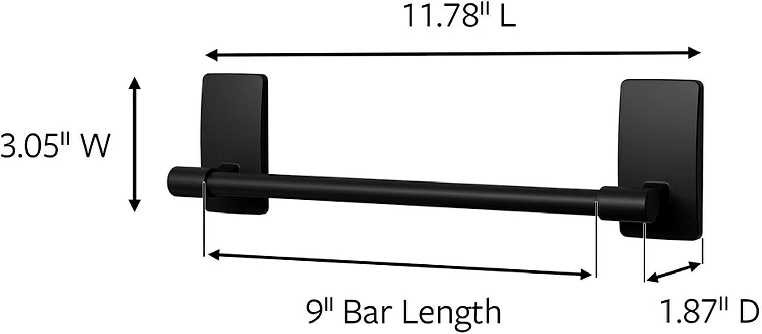 Command Hand Towel Bar Matte Black with Water Resistant Strips,Bathroom Decor,9 in Bar Length Holds up to 3 lbs,(Pack of 8)