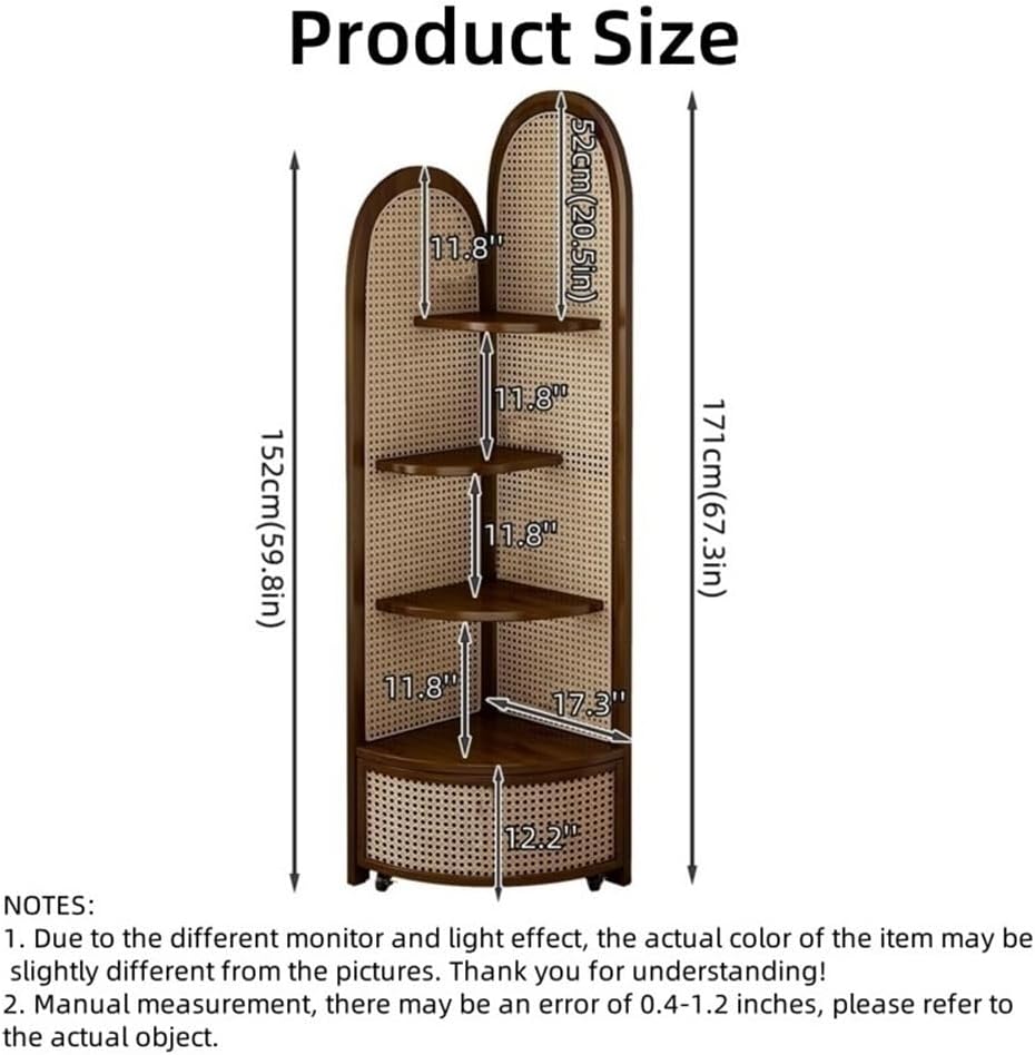 Multi-Functional Corner Shelf, Solid Wood Rattan Triangular Cabinet, 4-Tier Floor Standing Bookshelf for Living Room, Bedroom(Brown)