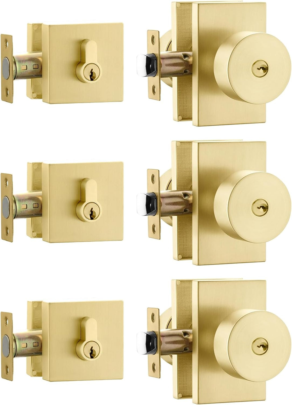 Goldenwarm Brushed Gold Exterior Door Knob with Deadbolt, Square Keyed Different Front Entry Lockset, Heavy Duty, 3 Pack