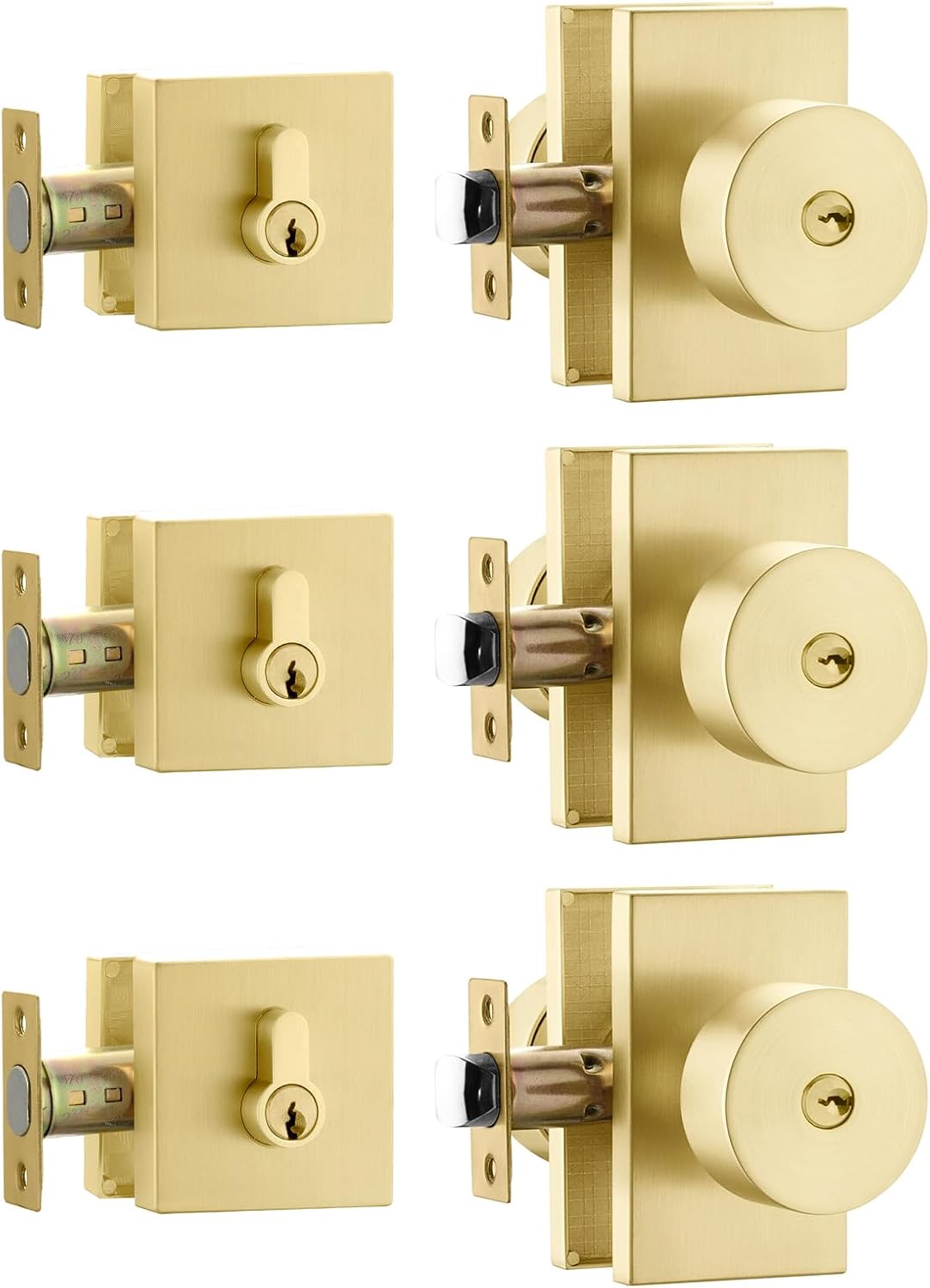 Goldenwarm Brushed Gold Exterior Door Knob with Deadbolt, Square Keyed Different Front Entry Lockset, Heavy Duty, 3 Pack