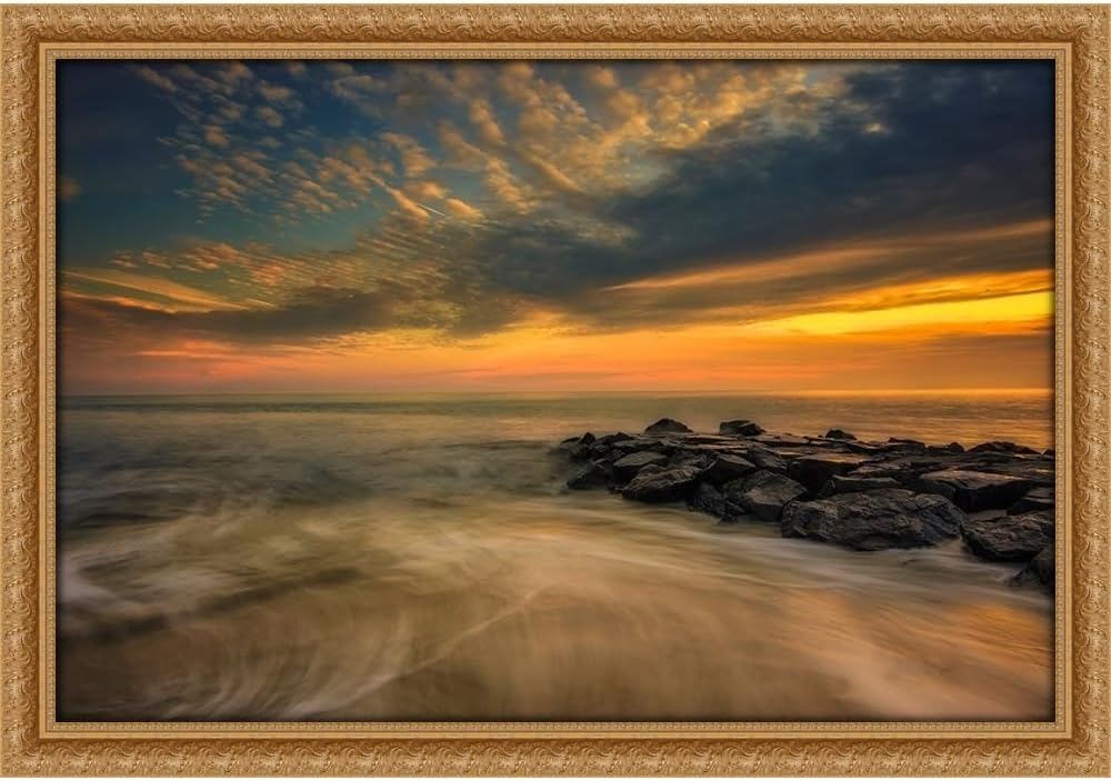 ArtDirect New Jersey-Cape May National Seashore Sunset on ocean and rocks 48x32 Huge Gold Ornate Wood Framed Canvas Giclee Art by Jaynes Gallery