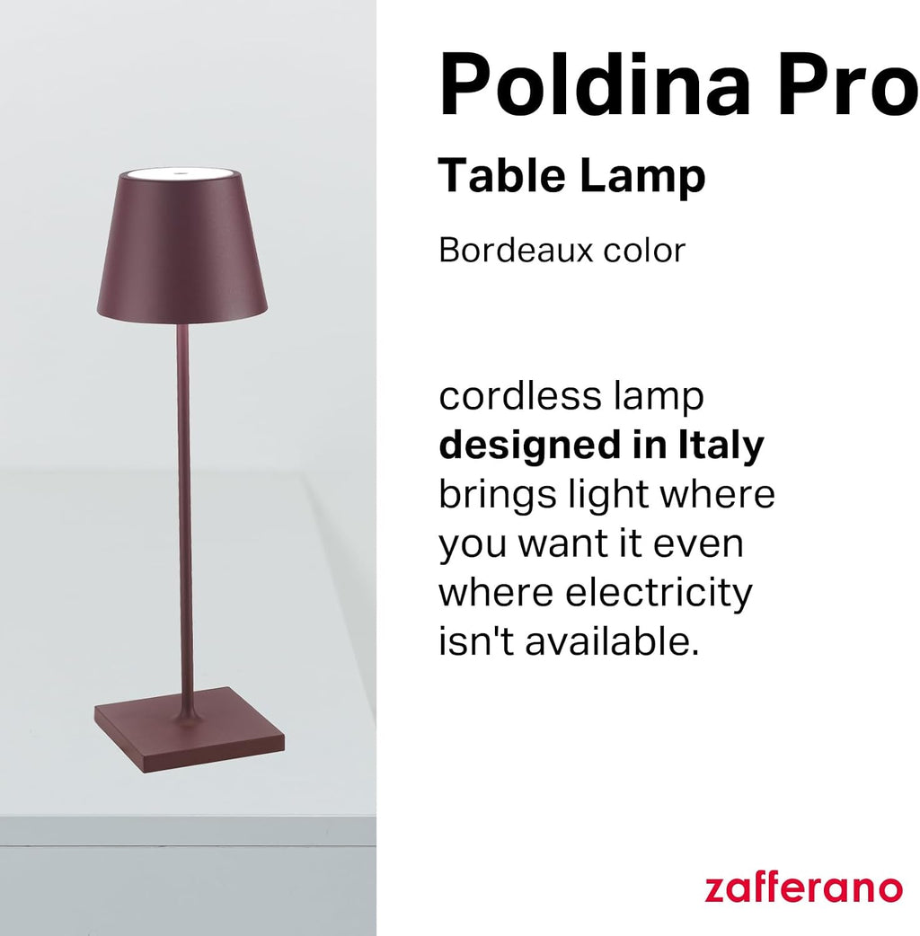 Zafferano, Poldina Pro Lamp, Rechargeable Cordless Table Lamp with Touch Controls, Suitable for Indoor and Outdoor, Dimmer, 2200-3000 K, Height 14.9 Inches, Bordeaux Color