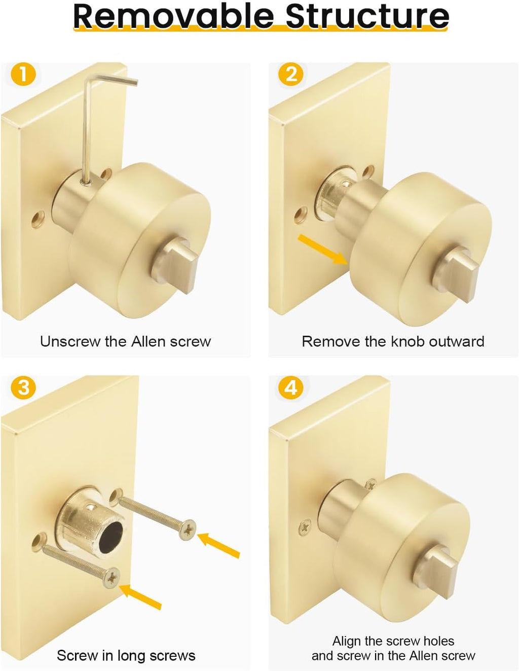 Goldenwarm Brushed Gold Exterior Door Knob with Deadbolt, Square Keyed Different Front Entry Lockset, Heavy Duty, 3 Pack