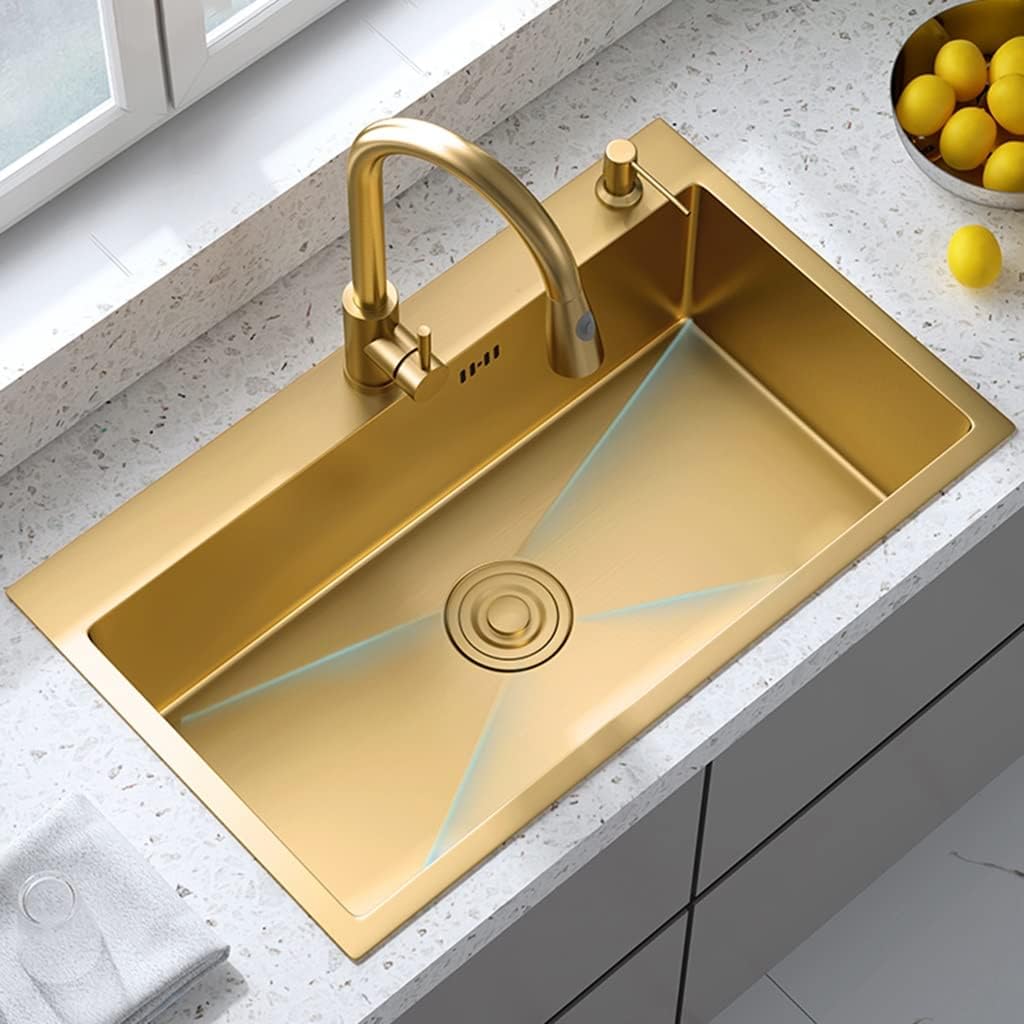 Generic Kitchen Single Bowl Sink Golden Bar Counter Square Sink with Pull-Out Faucet and Installation Kit Drop-in Or Undermount Kitchen Essentials (Color : Gold, Size : 55x45x21cm)