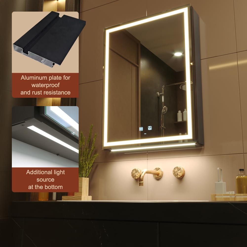 KWW LED Lighted Bathroom Medicine Cabinet with Sockets & USBs, Defogger, Dimmable, 3 Color Light Makeup Mirror, Easy to Install, Wall Mounted Cabinet (Right hinge-20 * 28)