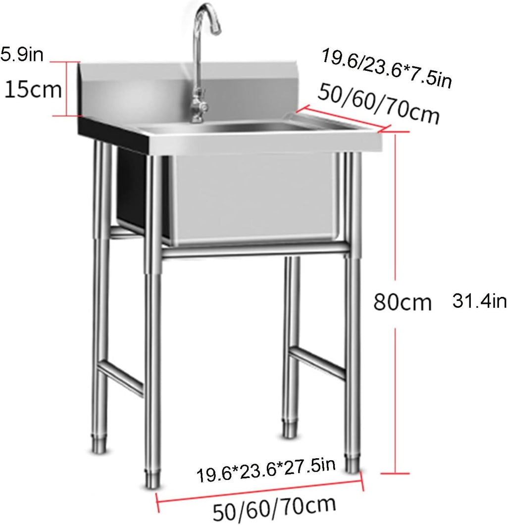Sink Stainless Steel Kitchen, Commercial 304 Stainless Steel Single Sink Bowl Restaurant Table Utility Sink Washing Hand Basin W/Faucet for Indoor Outdoor,70 * 70 * 80cm(27.5 * 27.5 * 31.4in