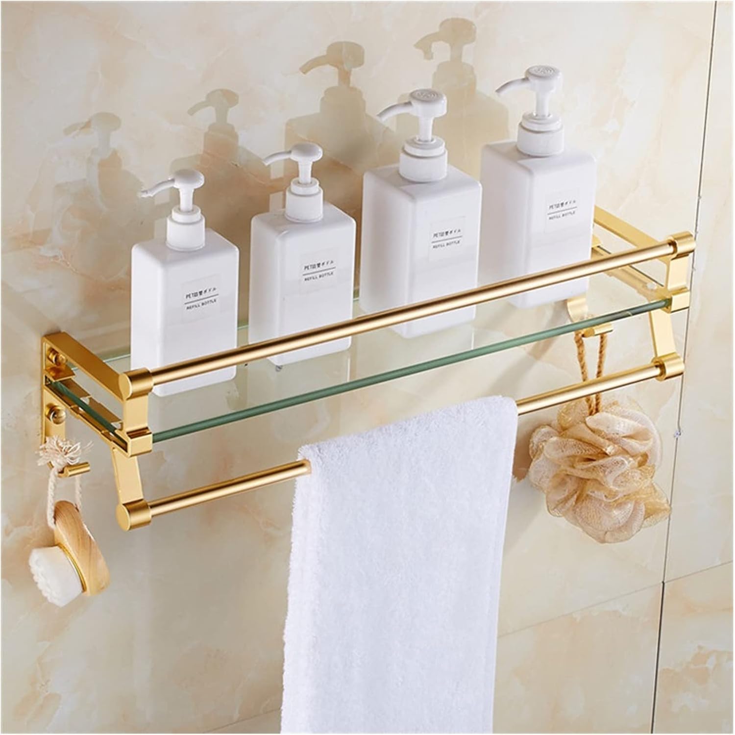 Glass Bathroom Shelf with Hand Towel Bar, Floating Glass Rectangular Wall Mounted, Tempered Glass Shelf for Bathroom, Toilet, Room Decor, Gold (40CMCH)
