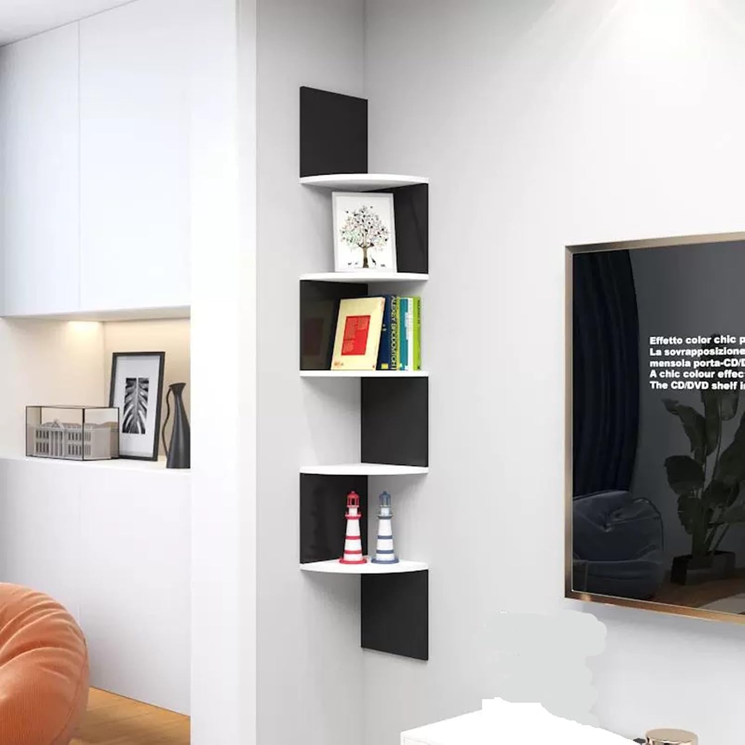 5-Tier Corner Shelf, Wall Mounted Floating Bookshelf for Bedrooms, Bathrooms, Kitchens, Offices, Living Rooms, Fit 90-Degree Wall Corners,D-5 Tier