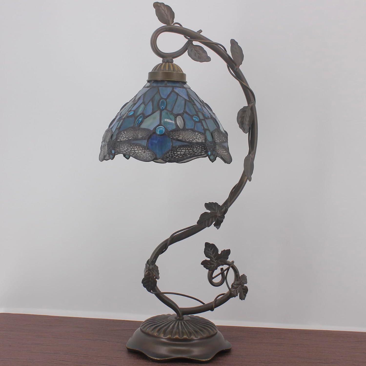 WERFACTORY Tiffany Lamp Sea Blue Stained Glass Dragonfly Style Desk Reading Light, Metal Leaf Table Lamp Base 8X10X21 Inches Decor Small Space Bedside Bedroom Home Office S147 Series