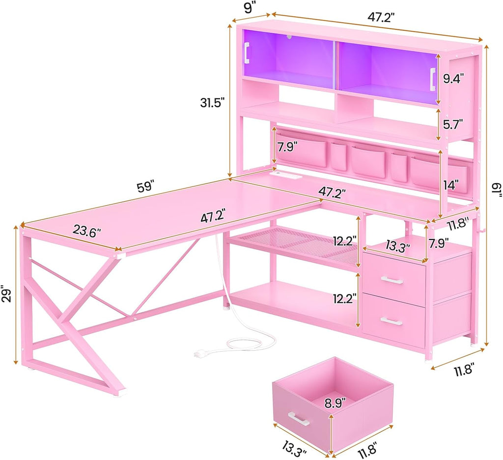 SEDETA L Shaped Gaming Desk, Home Office Computer Desk with 2 Drawer and Bookshelf, L Shaped Gaming Desk with LED Light, Glass Cabinet and Storage Bag, Corner Desk with Storage Shelves, Pink