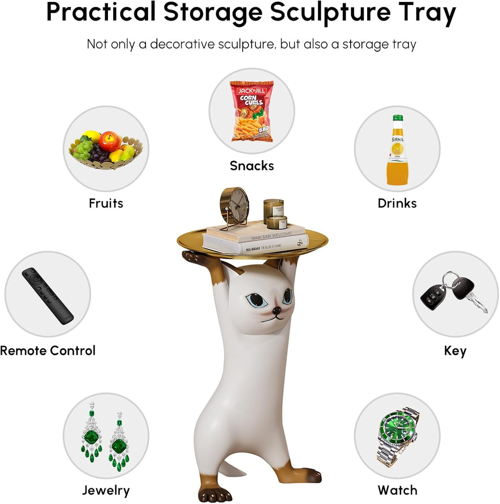 homary Whimsical Cat Statue, Animal Side Table with Gold Tray, Resin Figurine Accent Table for Living Room, Bedroom, or Entryway
