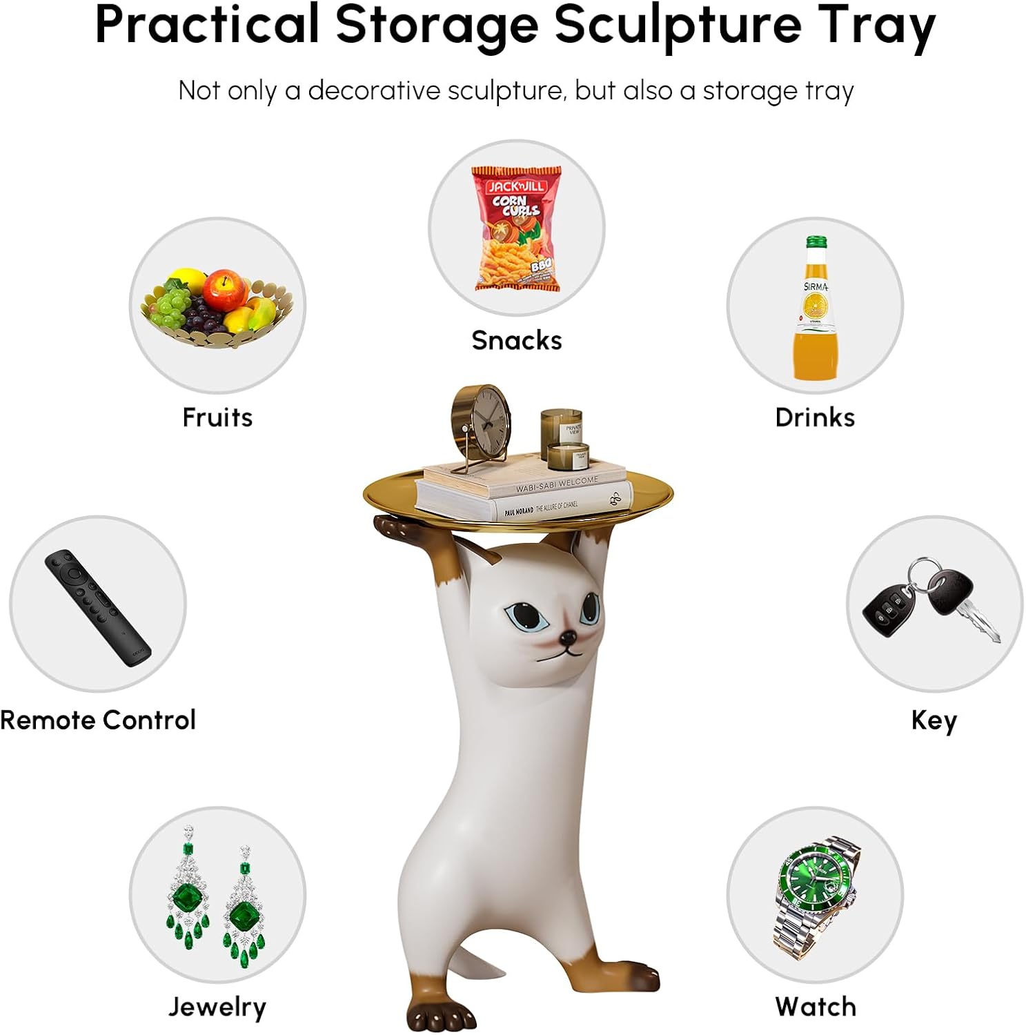 homary Whimsical Cat Statue, Animal Side Table with Gold Tray, Resin Figurine Accent Table for Living Room, Bedroom, or Entryway
