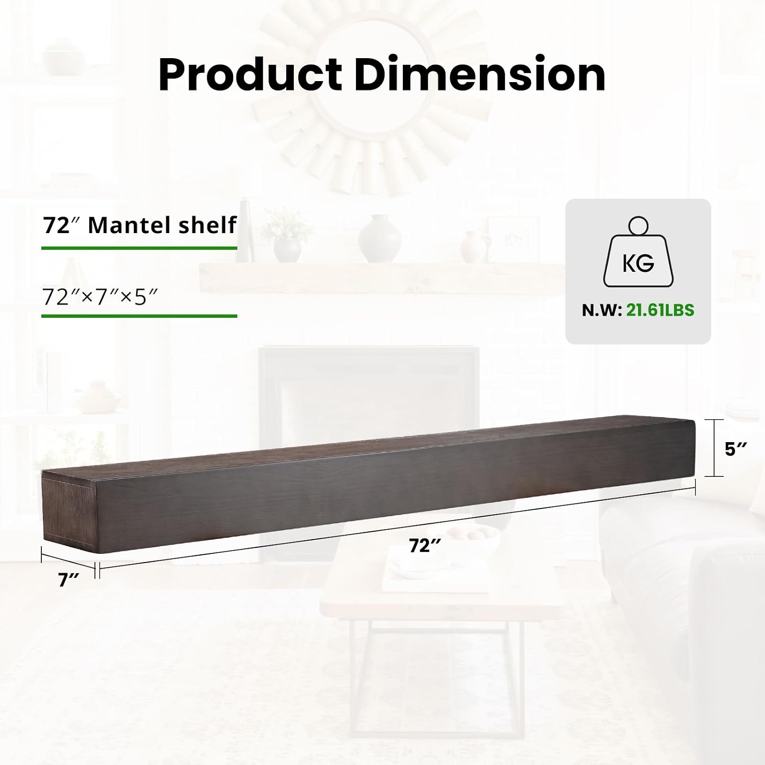 Fireplace Mantel 72inch - Solid Wood Mantel Shelf with Hidden Brackets | Floating Mantle Shelves Decor for Wall, Bedroom,TV,Livingroom(Ash Black,72in)