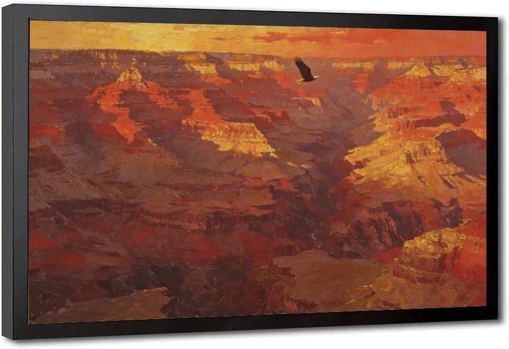 Canyon Sunset Landscape Wall Art Print, Dramatic Red Rock Vista with Soaring Eagle Painting Poster for Home Office Decor 24x36in