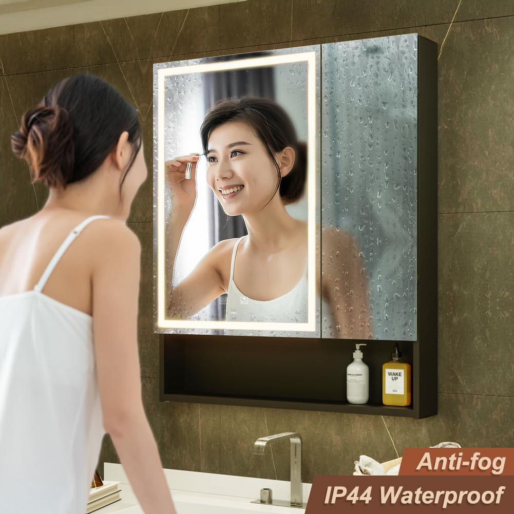 KWW LED Lighted Bathroom Medicine Cabinet with Sockets & USBs, Defogger, Dimmable, 3 Color Light Makeup Mirror, Easy to Install, Wall Mounted Cabinet (2 door-30 * 34)