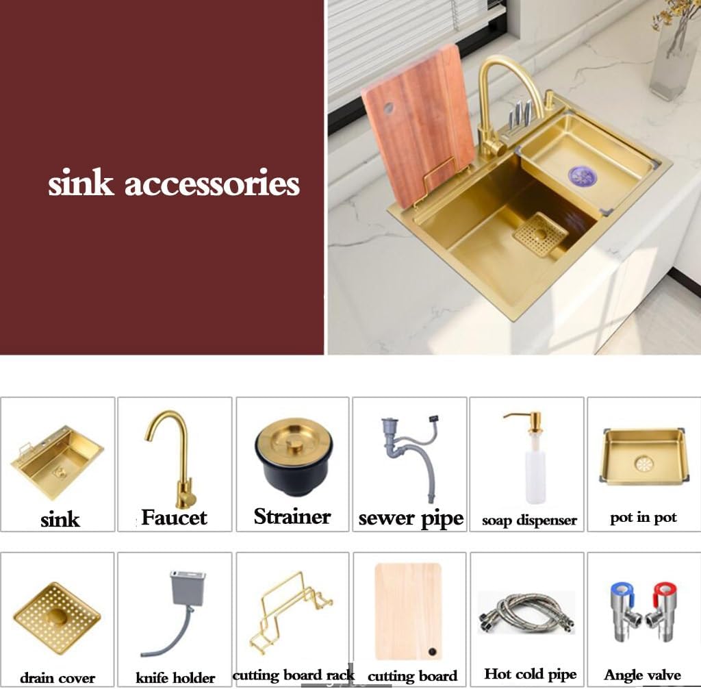 Kitchen Sinks, Single Bowl Multifunctional Stainless Steel Sink Kitchen Dish Washibasin Large Capacity Single Bowl Sink Beautiful Sink (68 * 46 * 22Cm