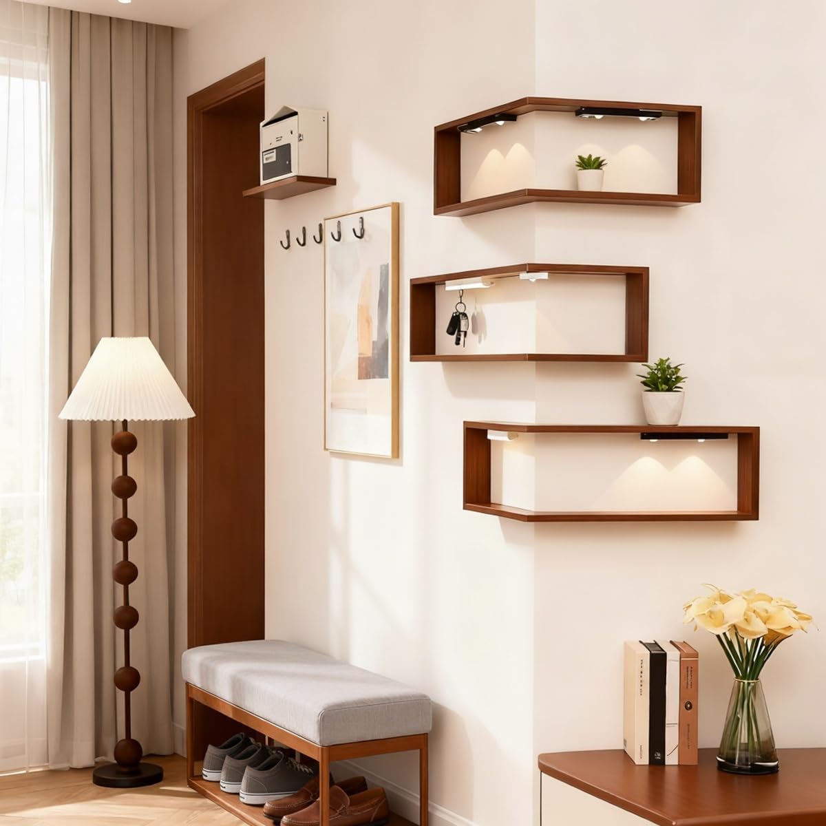 Smart Corner Shelves That Light Up Your Space, Floating Shelves with Led Lights, Floating Shelf with Light, Wooden Corner Shelves, with Lamp & Display Rack, for Display & Decor (With Lights-5PCS)