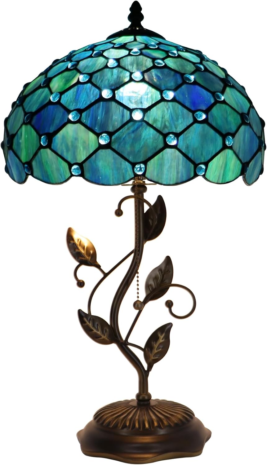 Tiffany Table Lamp, Stained Glass Desk Light, W12H19 Inch, Metal Leaf Base (Sea Blue Pearl Style)