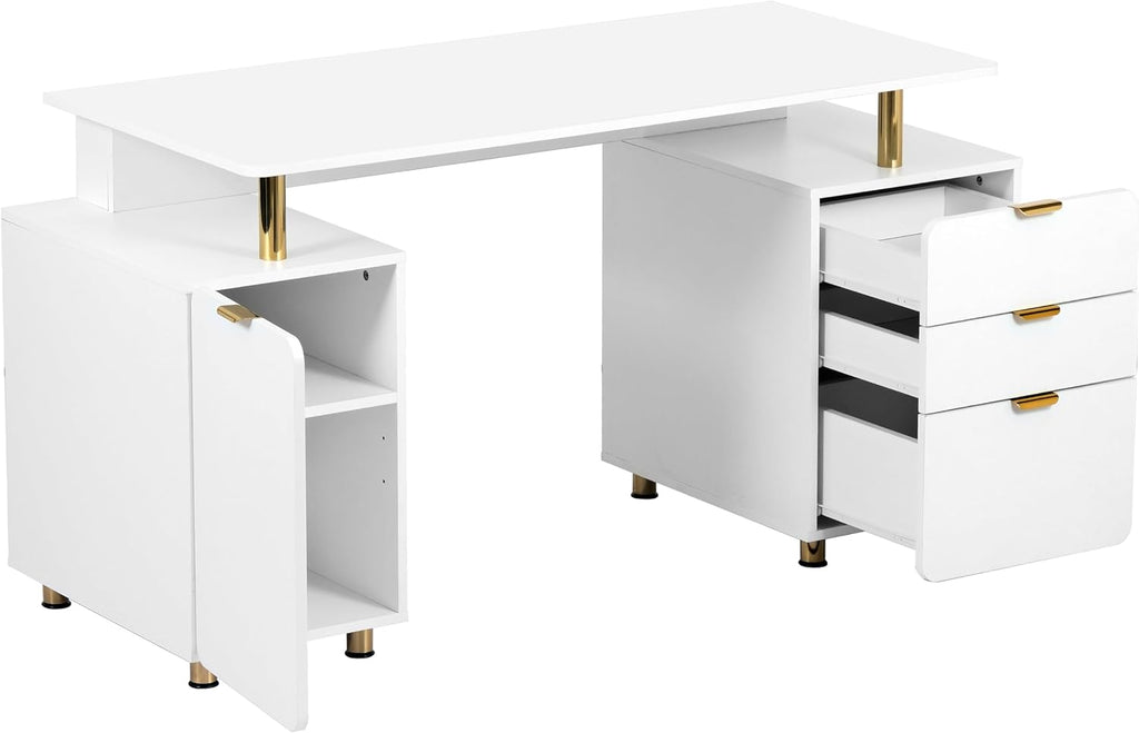 Elegant 57' W Executive Desk with 3 Drawers and Storage Cabinet, Modern Office Desk with Gold Accents, Floating Work Surface, Closed Storage with Ventilation & Adjustable Shelf (White,Gold)
