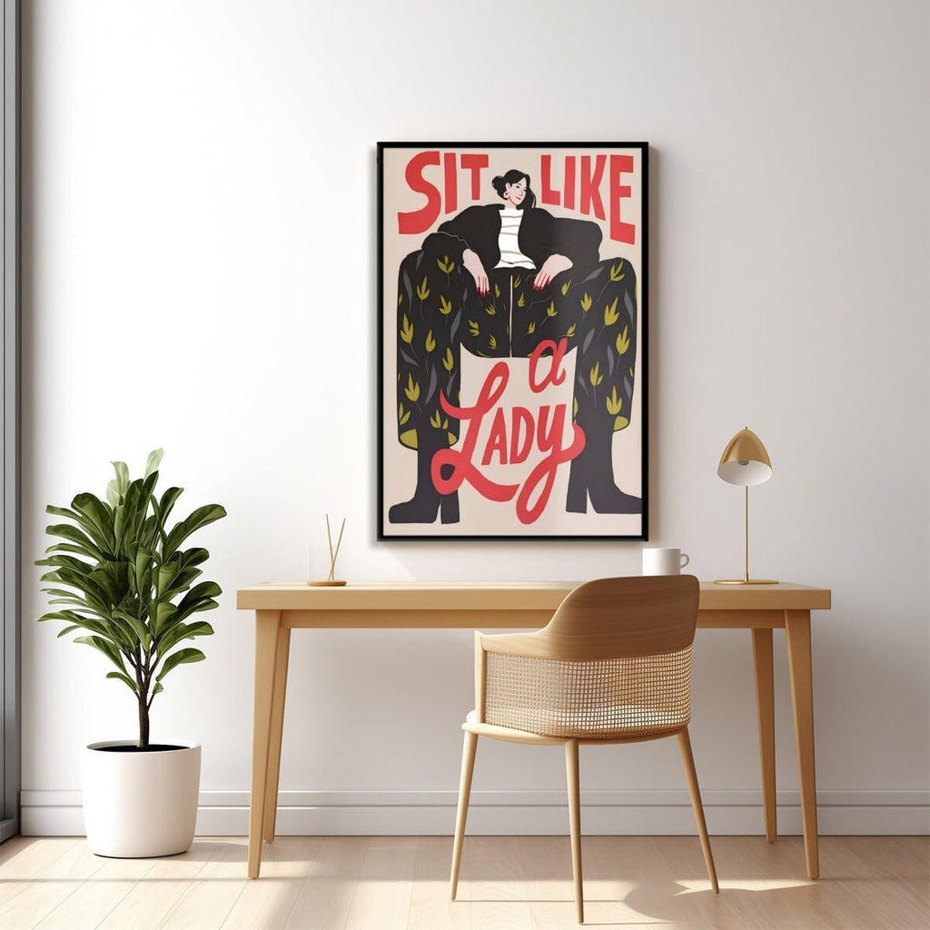 Retro Motivational Feminist Poster Trendy Sit Like a Lady Female Painting Abstract Girl Power Quote Womans Right Inspired Wall Decor for Girls Bedroom Dorm Office 24x36inch Black Aluminum Framed