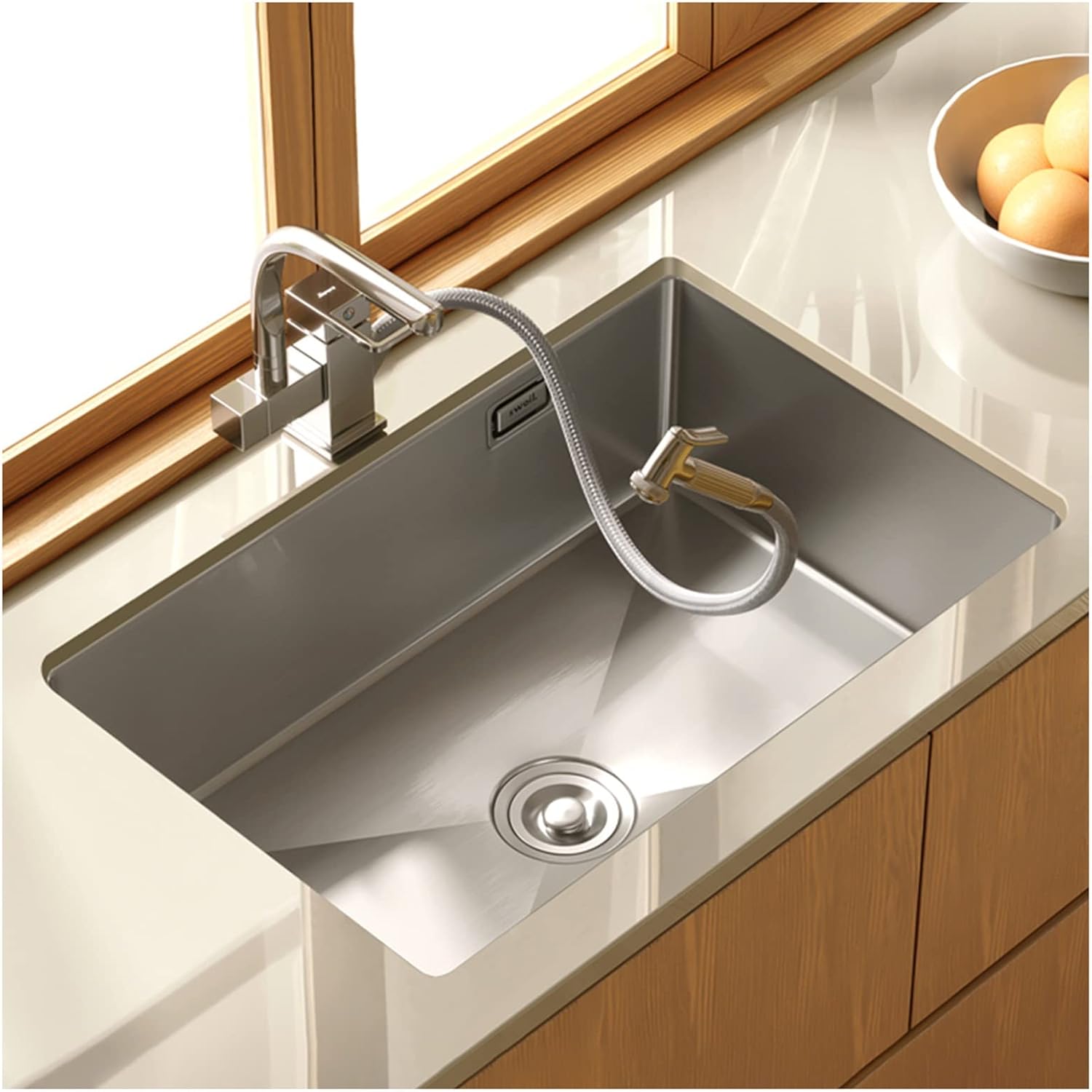 Square Brushed Single Bowl Prep Bar Sink 304 Stainless Steel Kitchen Sink with Faucet & Drain Assembly Drop in Or Undermount (Color : D-Have Faucet, Size : 75x45x21cm) (Dhave Faucet 68x45x21cm)