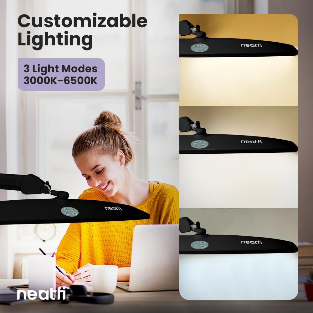 Neatfi XL LED Desk Lamp | 20-Inch Wide Head (Black-2, CCT with Clamp)