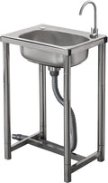 Movable Stainless Steel Utility Commercial Kitchen Single Bowl Sink 1 Compartment with Faucet, Free Standing Sink for Outdoor Indoor Garage Laundry Utility Room