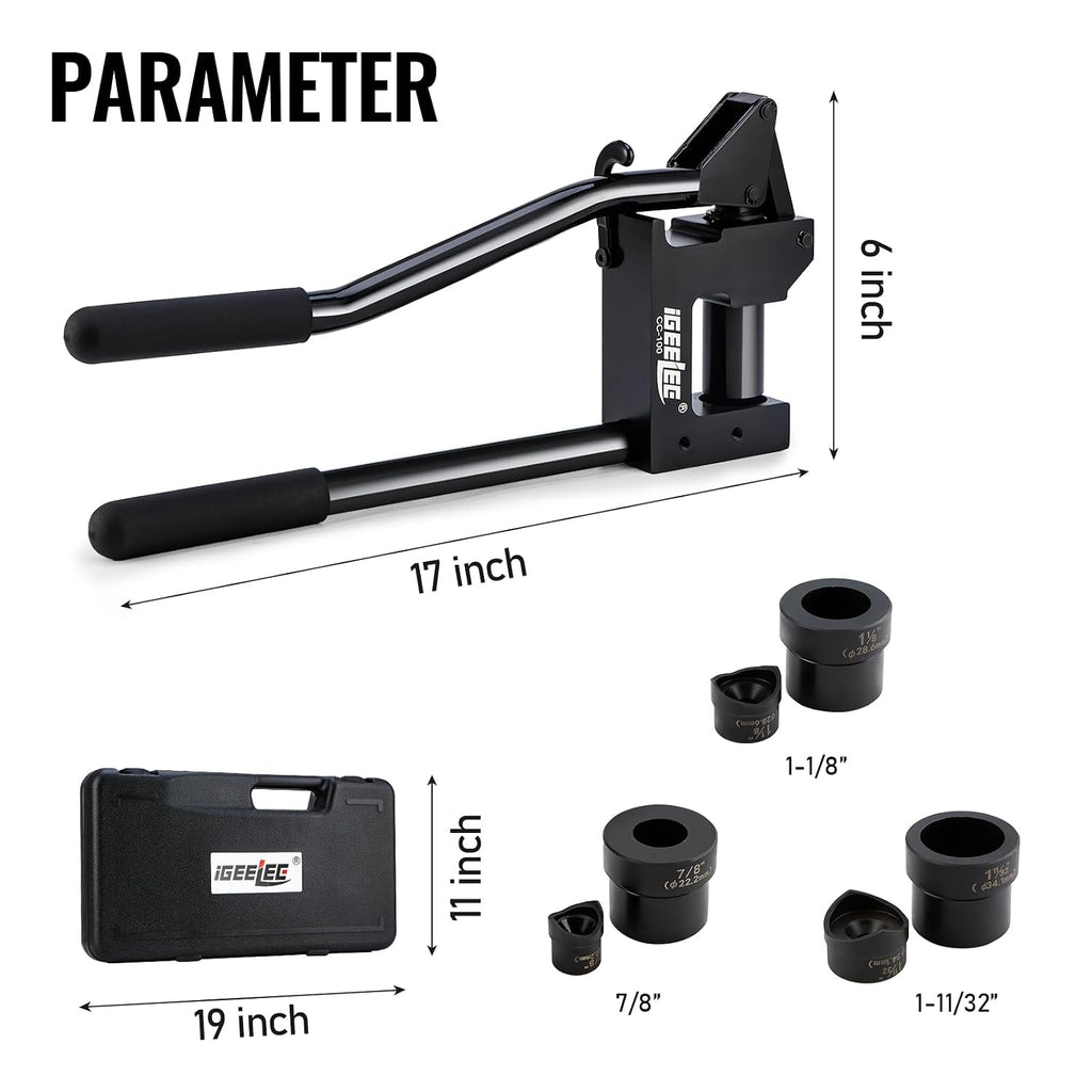 Metal Stud Punch Set for 7/8', 1-1/8', 1-11/32' - 20GA Steel, Sheet Metal Hole Punch Kit, Lever Puncher CC-100