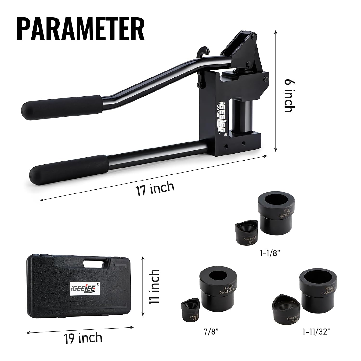 Metal Stud Punch Set for 7/8', 1-1/8', 1-11/32' - 20GA Steel, Sheet Metal Hole Punch Kit, Lever Puncher CC-100