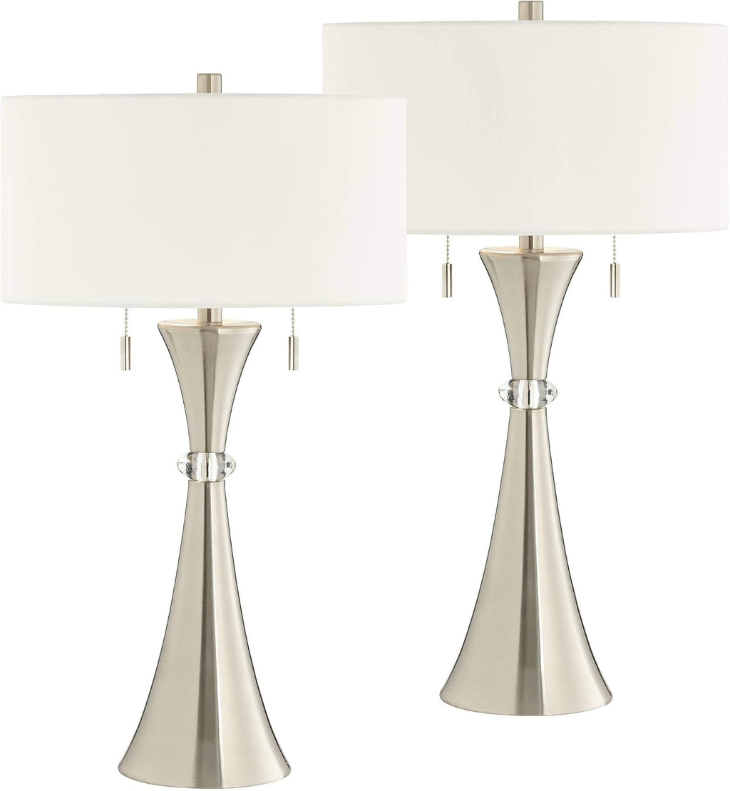 360 Lighting Rachel Modern Art Deco Table Lamps 28' Tall Set of 2 Concave Column Hourglass Silver Metal White Drum Shade for Living Room Bedroom House Bedside Nightstand Home Office Reading