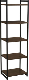 Household Essentials Narrow 5‑Shelf Open Storage Bookshelf, Mid‑Century Walnut Wood Grain with Black Metal Frame