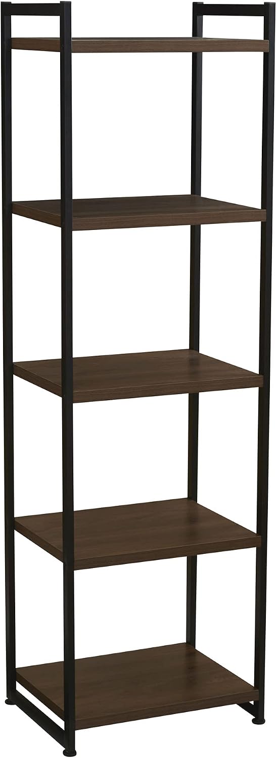 Household Essentials Narrow 5‑Shelf Open Storage Bookshelf, Mid‑Century Walnut Wood Grain with Black Metal Frame