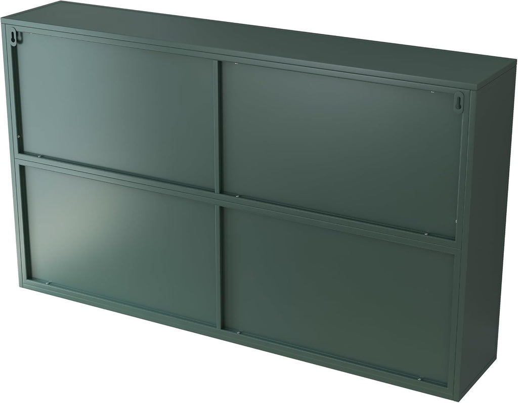 Retro Style Tempering Glass Door Wall Cabinet with Detachable Shelves and Open Shelves，for Office Dining Room,Living Room, Kitchen and Bathroom Dark Green