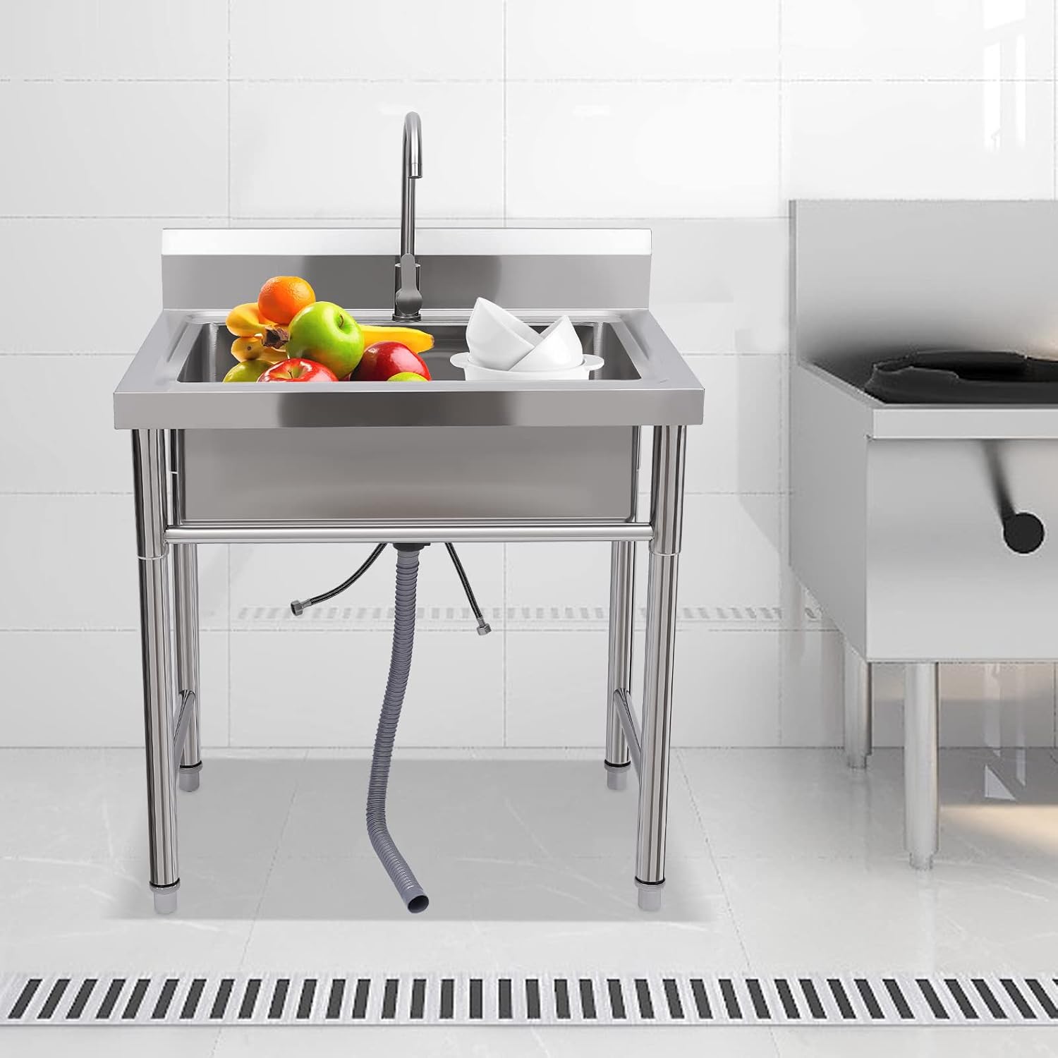 Commercial Stainless Steel Sink, Cold & Hot Water Double Basin Triple Utility Wash Sink, 360° Rotation and Double Layer Filter, Used for Garages, Laundry Room, Kitchen, Restaurant, Farm, Backyard