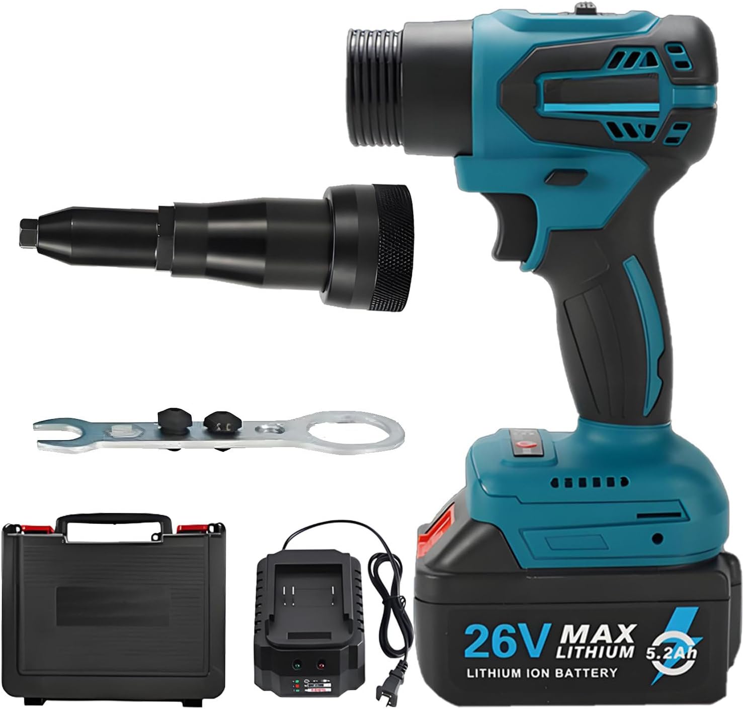 26V Cordless Electric Rivet Gun Brushless - Portable Battery Pop Rivet Tool Kit, Auto Reverse, Toolbox Storage, Fits 0.12-0.2in Rivets for Roofer, Gutter Installer & Mechanic completeset