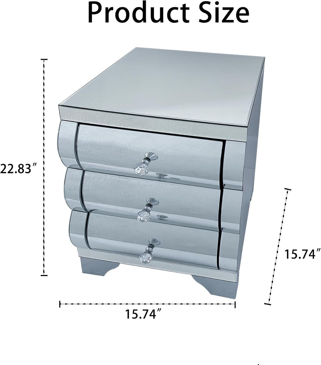 Curved Mirror Nightstand with 3 Drawer Glass Bedside Table for Bedroom Small Spaces End Table for Living Room Fashion Bedroom Furniture