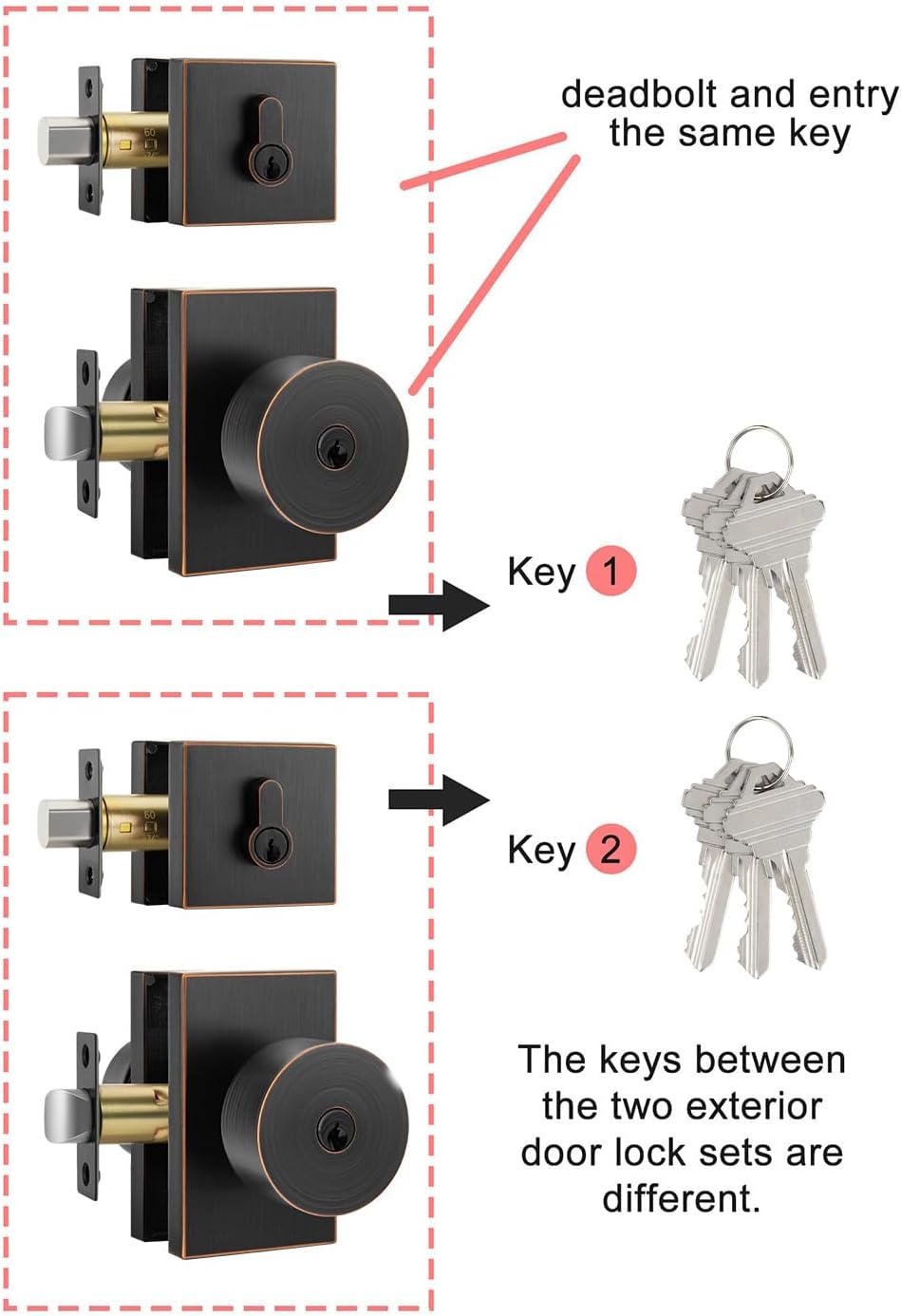 Haidms Oil Rubbed Bronze Door Knob with Deadbolt, Zinc Alloy Bronze Exterior Door Lock Set, Heavy Duty Front Door Knob and Deadbolt Set with Lock and Key, Reversible (2 Pack)