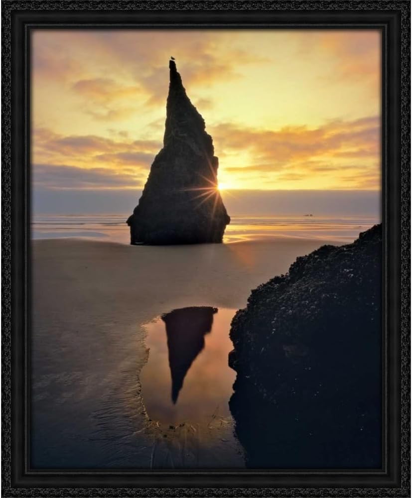 ArtDirect Oregon Rock formation at sunset on Bandon Beach 36x45 Huge Black Ornate Wood Framed Canvas Giclee Art by Terrill, Steve