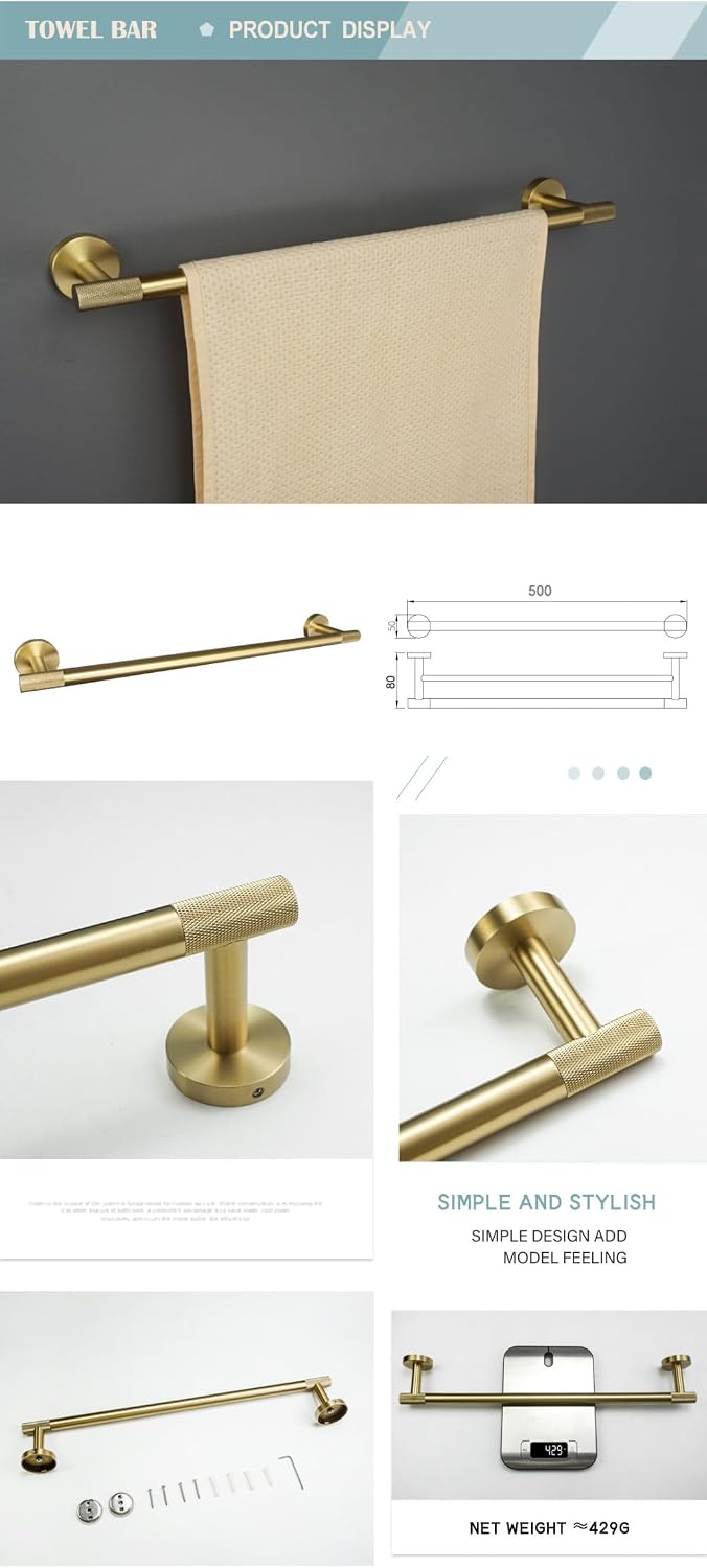 Golden Towel Rack Towel Bar Ring Brushed Gold Hardware Set Robe Coat Hook Toilet Tissue Paper Holder Bathroom Accessories Kit,Towel Rack