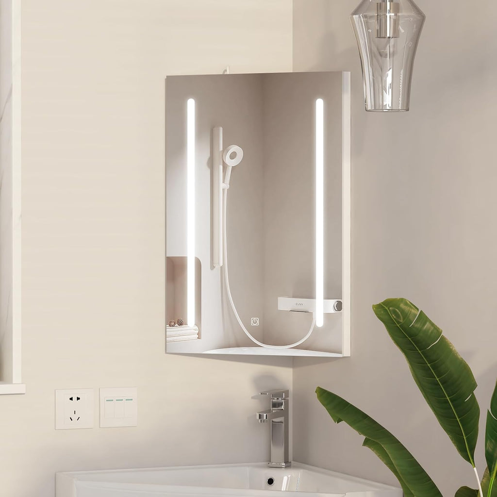 Corner Medicine Cabinet Mirror with Lights,Lighted Medicine Cabinet with Mirror,Led Mirror Cabinet for Bathroom,16x 24 Small Corner Wall Cabinet,White