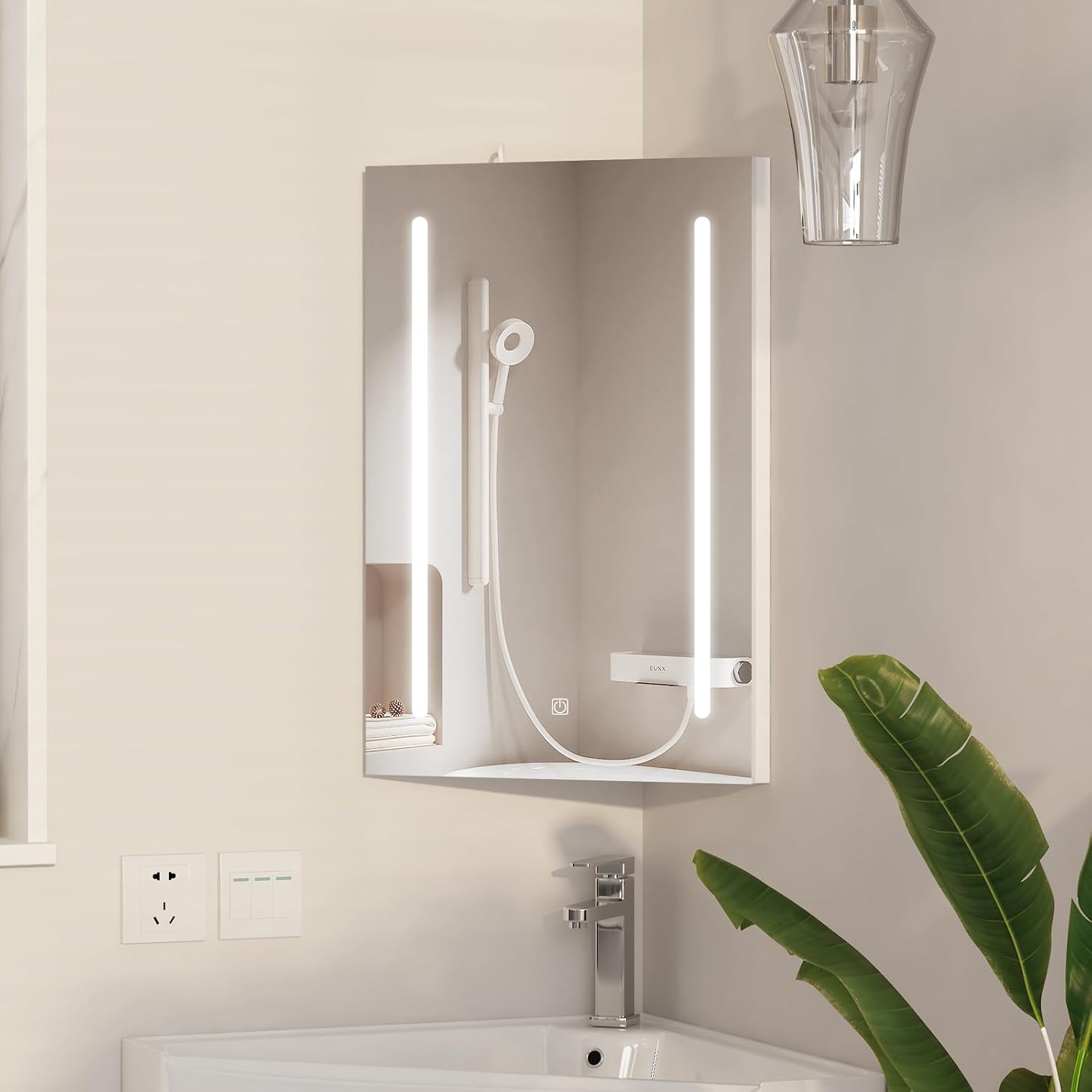 Corner Medicine Cabinet Mirror with Lights,Lighted Medicine Cabinet with Mirror,Led Mirror Cabinet for Bathroom,16x 24 Small Corner Wall Cabinet,White